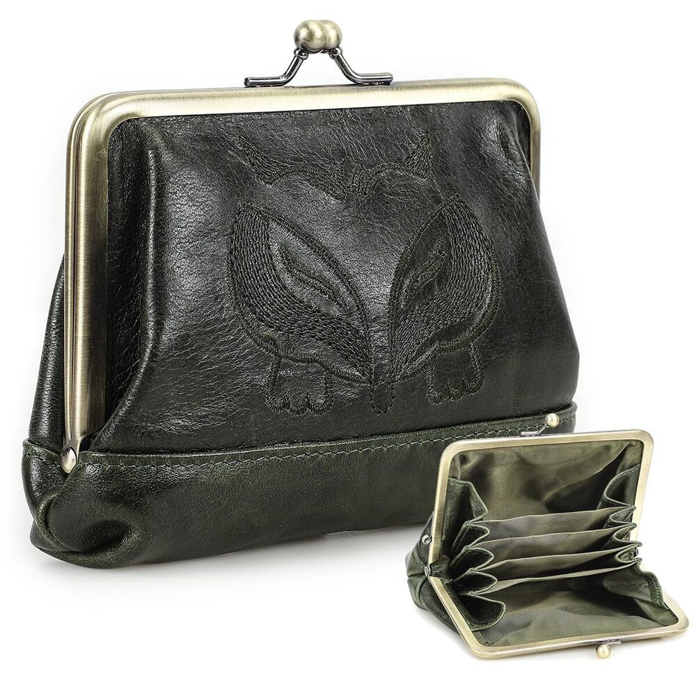 1002 Full Grain Leather Kiss Lock Coin Purse Fox Embroidery Coin Pouch